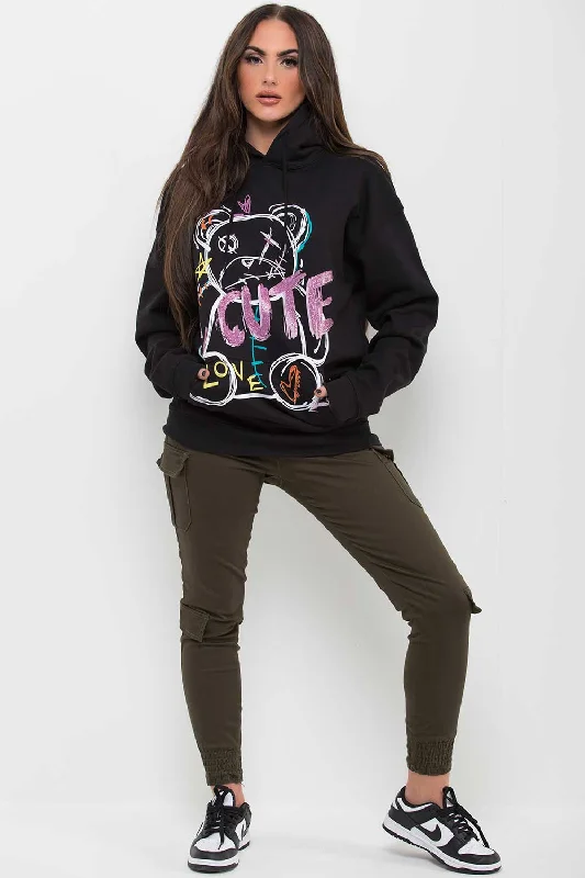 Black Oversized Hoodie With Teddy Bear Graphic Print