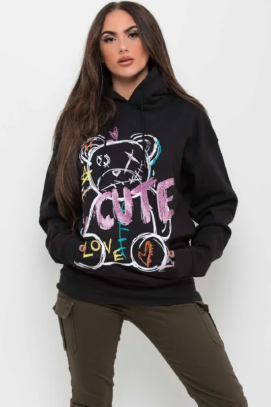 Black Oversized Hoodie With Teddy Bear Graphic Print