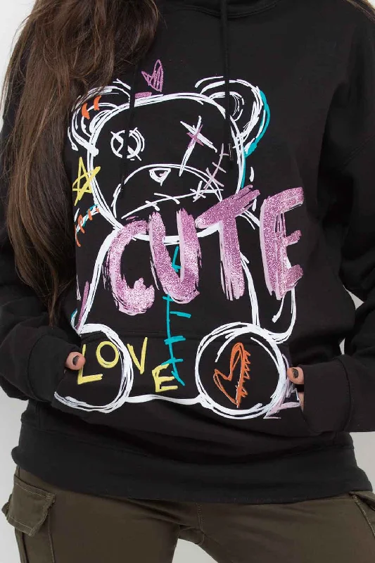 Black Oversized Hoodie With Teddy Bear Graphic Print