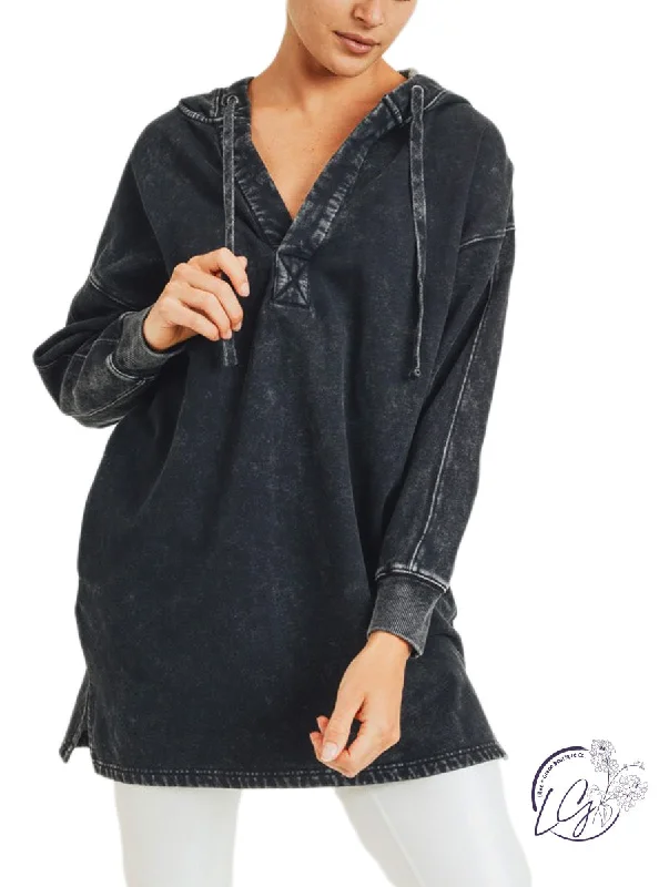 Longline Mineral-Washed V-Neck Pullover