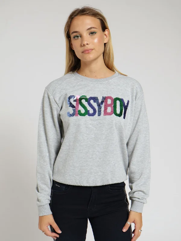 Sequin Logo Sweat Top With Shoulder Pads - Grey Melange