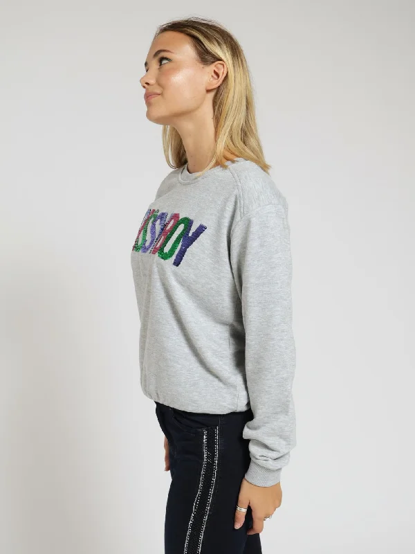 Sequin Logo Sweat Top With Shoulder Pads - Grey Melange