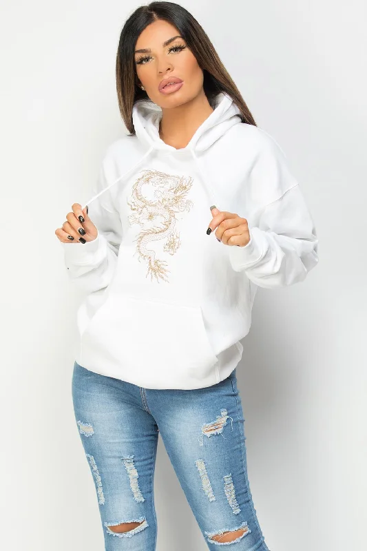 White Oversized Hoodie With Dragon Print