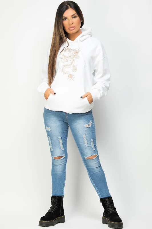 White Oversized Hoodie With Dragon Print