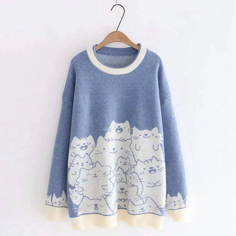 Women's Kawaii Contrast Color Cats Loose Sweaters