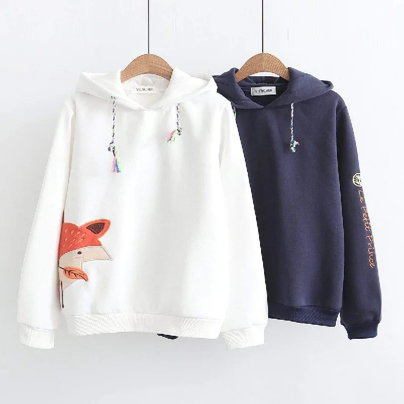 Women's Korean Fashion Fox Embroidered Fox Ear Hooded Pure Color Hoodies 