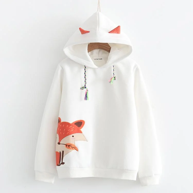 Women's Korean Fashion Fox Embroidered Fox Ear Hooded Pure Color Hoodies 