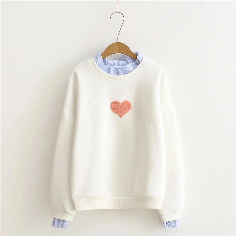 Women's Korean Fashion Hearts Stitching Pure Color Loose Sweaters Splicing Shirts