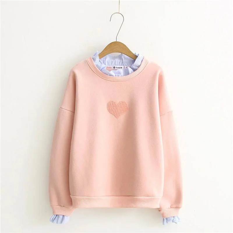 Women's Korean Fashion Hearts Stitching Pure Color Loose Sweaters Splicing Shirts