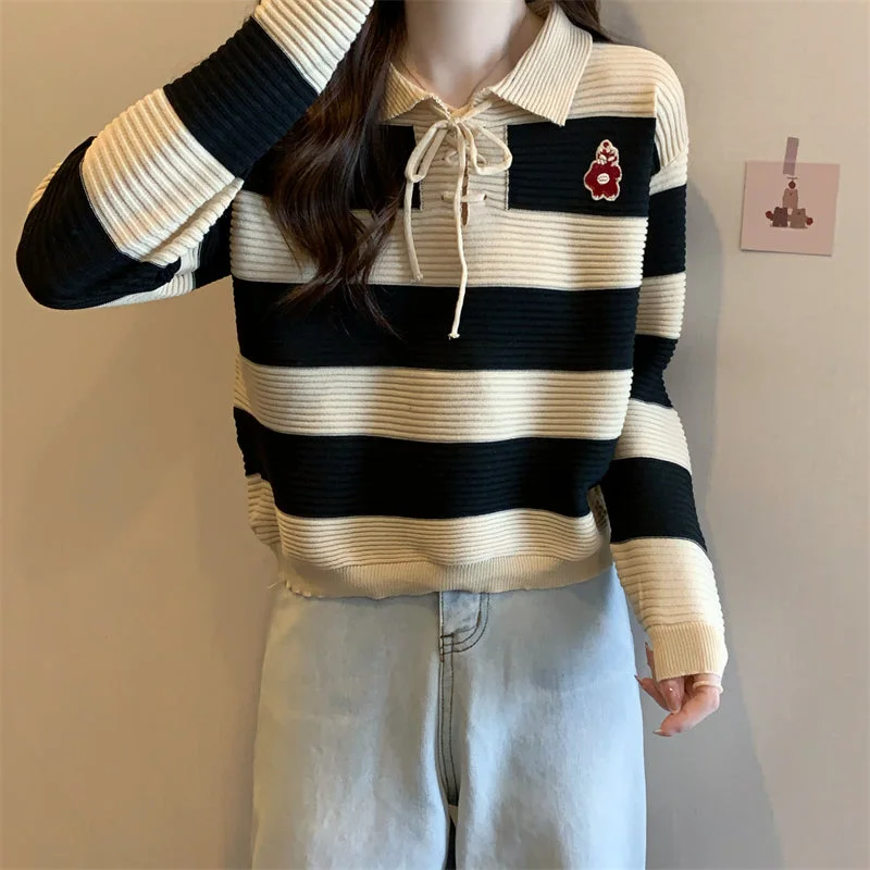 Women's Korean Style Polo Collar Striped Sweater