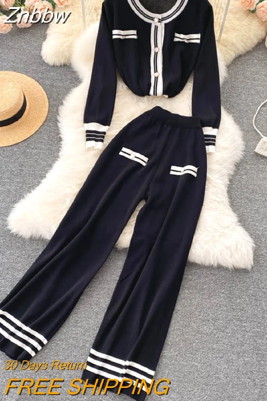 Znbbw Winter Runway Knitted 2 Pieces Set Women Long Sleeve Pullovers Sweater Casual Cardigan Jumper Tops and Pants Suits