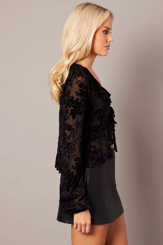 Black Ruffle Top Long Sleeve Burnout