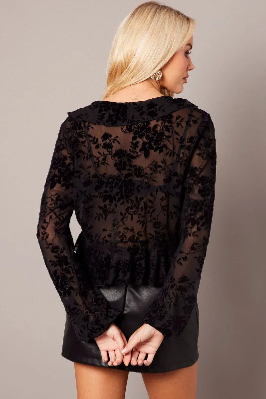 Black Ruffle Top Long Sleeve Burnout