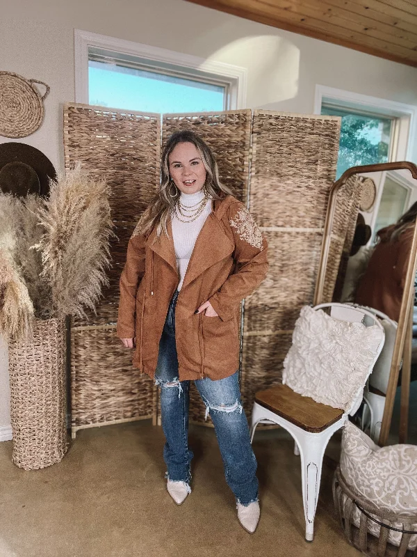 Fill Up Your Cup Embroidered Suede Utility Jacket in Tan