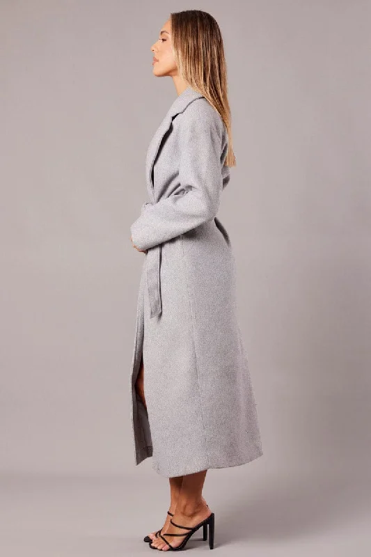 Grey Long Coat Long Sleeve Tie Front