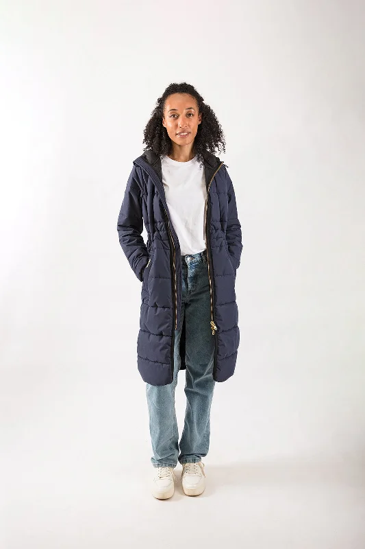 Hooded Longline Puffer in Navy