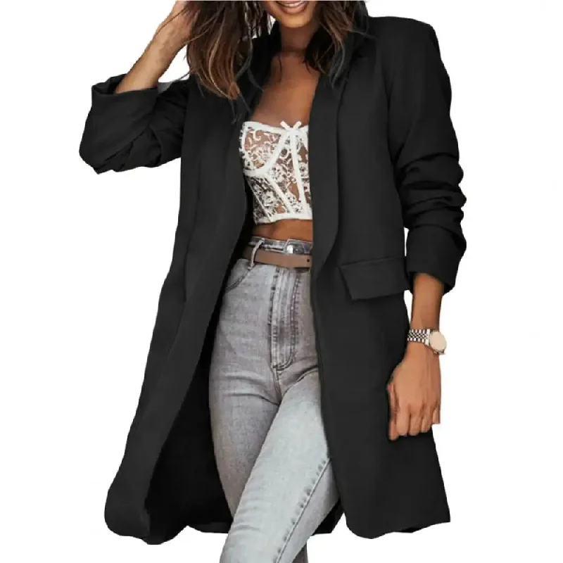 Ladies Blazer Office Lapel Cardigan Long Sleeves Mid-Length Oversized Women Autumn Winter Solid Color Suit Coat