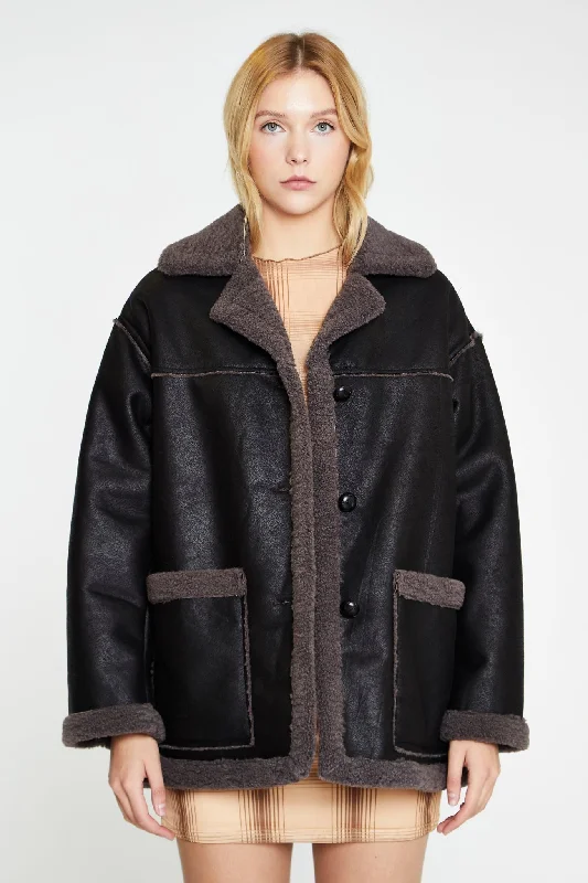 Black Dark-Grey Oversized Shearling Coat