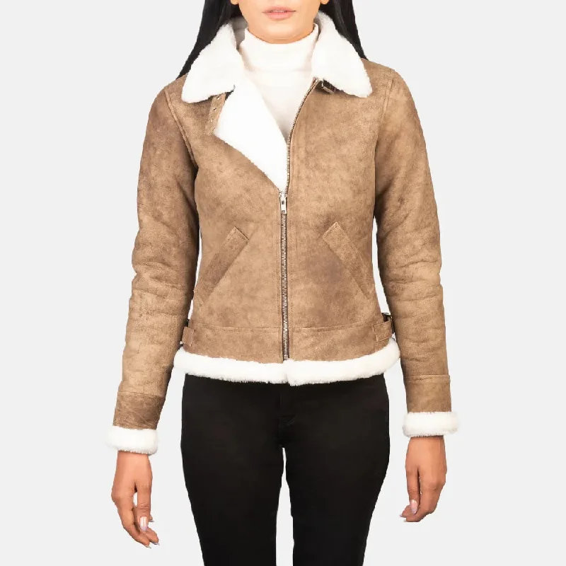 Women's Bomber Leather Jacket with Fur Brown