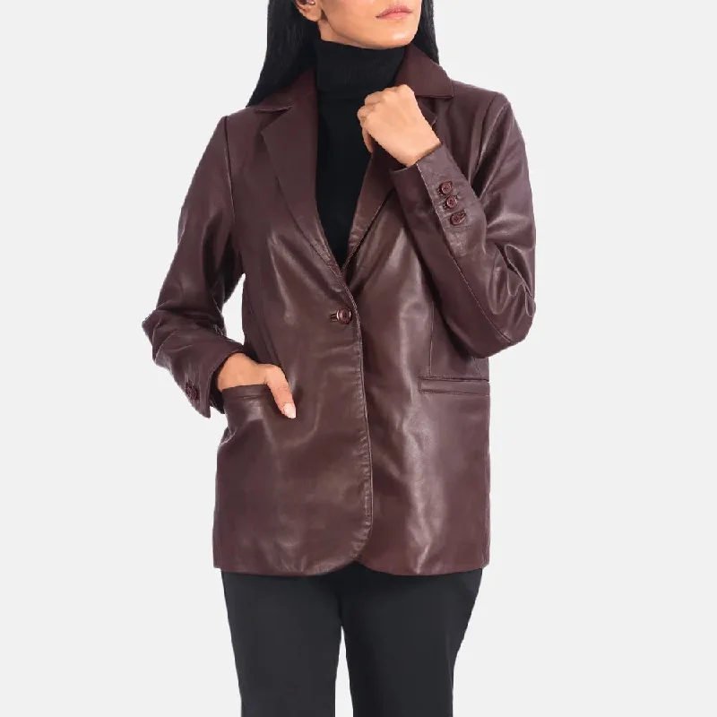 Maroon Leather Blazer - Quilted Polyester Lining