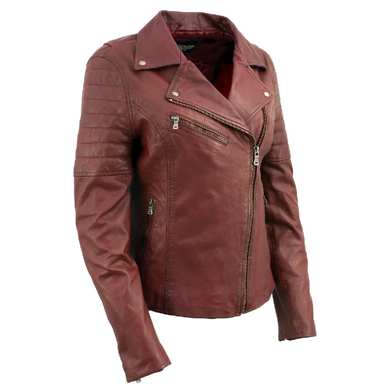 Milwaukee Leather Red Vintage Motorcycle Inspired Vegan Tan Fashion Leather Jacket for Women SFL2812