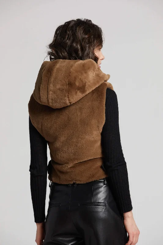 Peanut Faux Fur Hooded Vest - Walnut