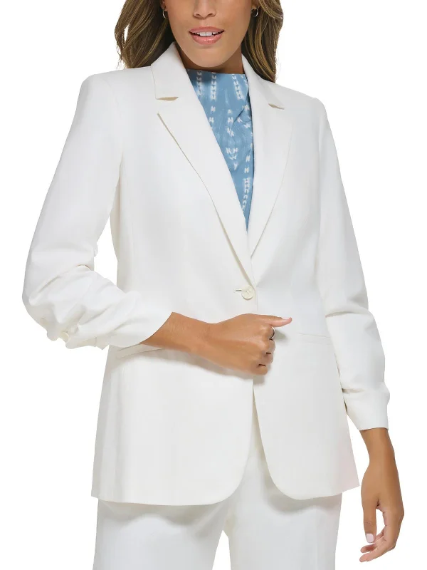 Petites Womens Linen Blend Linen One-Button Blazer