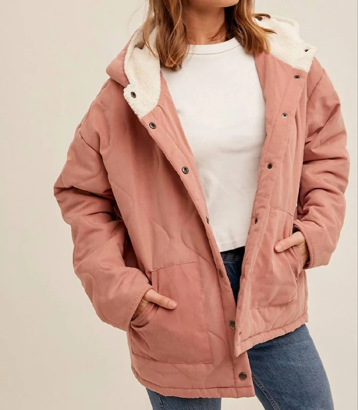 Sam Quilted Hoodie Jacket With Pocket In Dusty Rose