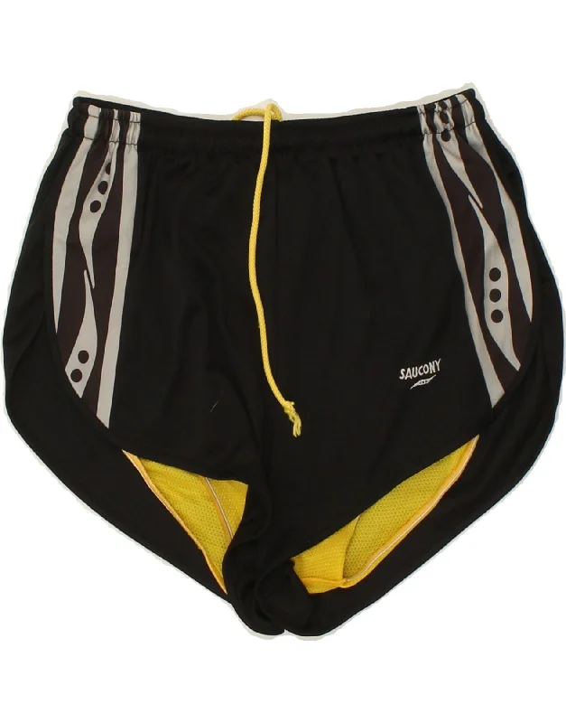 SAUCONY Womens Graphic Sport Shorts UK 14 Medium Black Colourblock