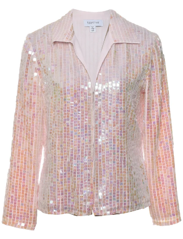 Sequined Pale Pink & Lilac 1990s Zip-Front Evening Jacket - L