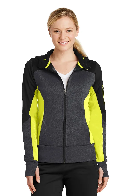 Sport-Tek Womens Moisture Wicking Full Zip Tech Fleece Hooded Jacket - Black/Heather Graphite Grey/Citron Green - Closeout