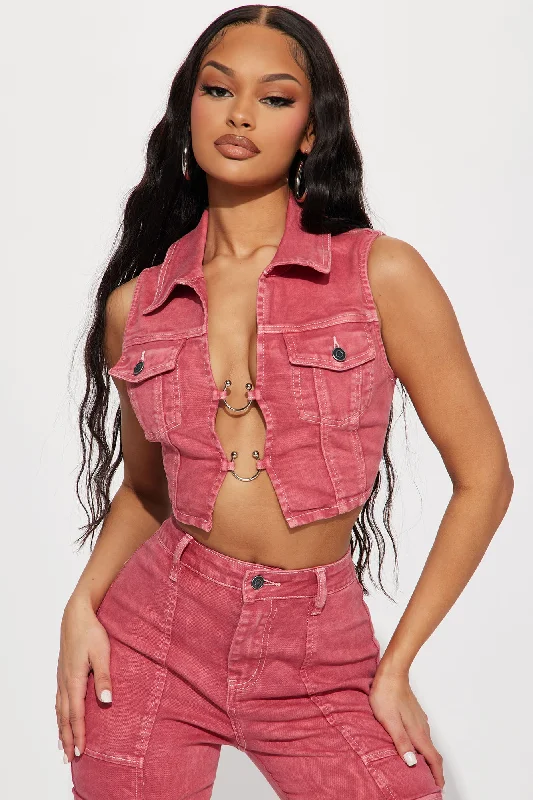 Step To It Stretch Cropped Denim Vest - Red