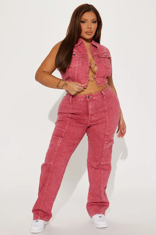 Step To It Stretch Cropped Denim Vest - Red