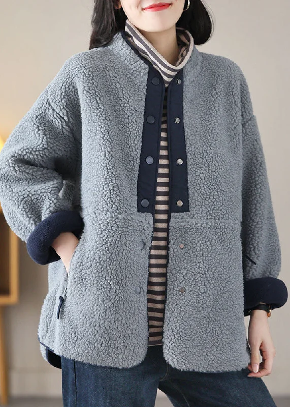 Stylish Grey Blue Stand Collar Patchwork Teddy Faux Fur Jackets Spring