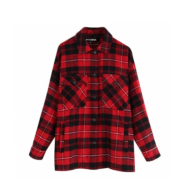 Vintage Stylish Pockets Oversized Plaid Jacket Coat Women 2020 Fashion Lapel Collar Long Sleeve Loose Outerwear Chic Tops