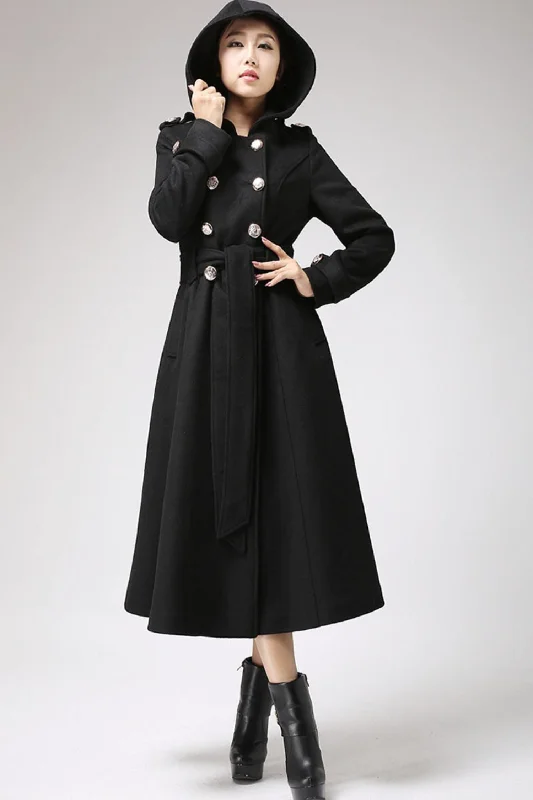 Winter long wool jacket hood in Black 0707#