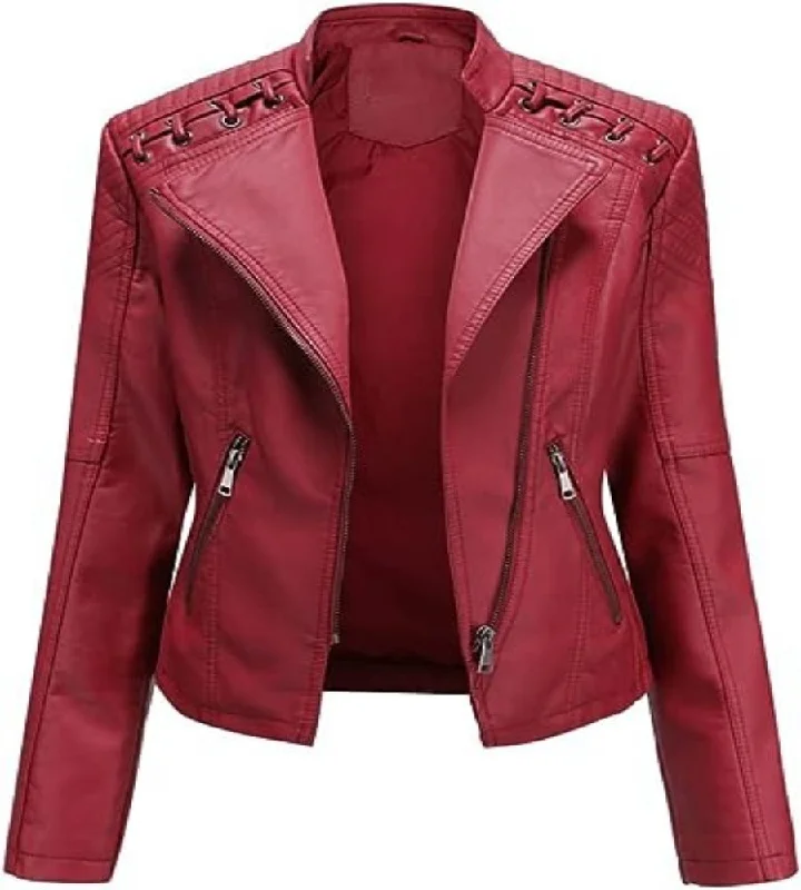 Women's Long Sleeve Zipper Slim Biker Leather Jacket