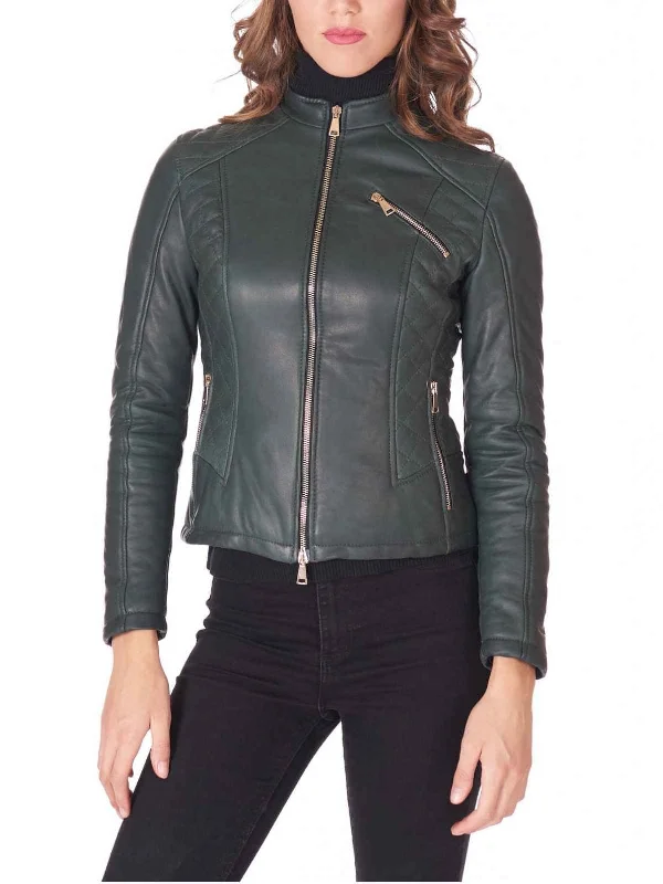 Womens new Green leather Biker jacket - Boneshia