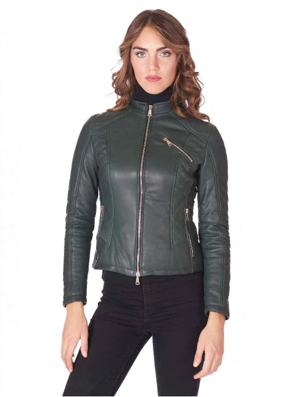 Womens new Green leather Biker jacket - Boneshia