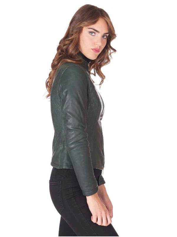 Womens new Green leather Biker jacket - Boneshia