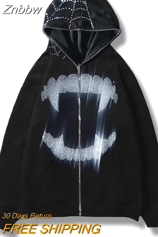 Znbbw Hoodie Rhinestone Skeleton Goth Sweatshirt Sport Coat Pullover Men's Gothic Long Sleeve Oversized Hoodie Y2k Jacket Hoodies 0410