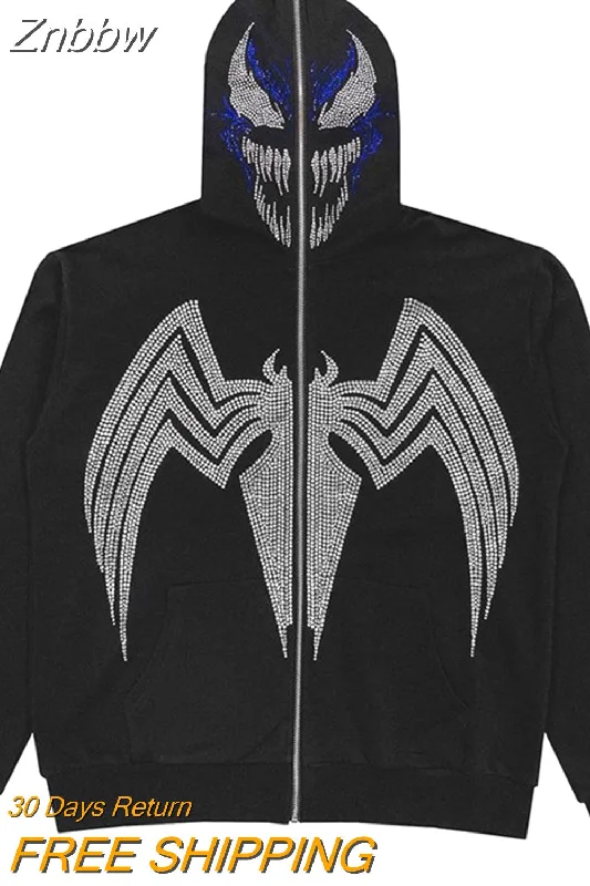 Znbbw Hoodie Rhinestone Skeleton Goth Sweatshirt Sport Coat Pullover Men's Gothic Long Sleeve Oversized Hoodie Y2k Jacket Hoodies 0410