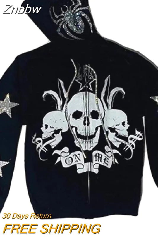 Znbbw Hoodie Rhinestone Skeleton Goth Sweatshirt Sport Coat Pullover Men's Gothic Long Sleeve Oversized Hoodie Y2k Jacket Hoodies 0410