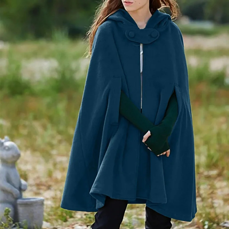 Znbbw Women Hooded Medium Cape Winter Vintage Overcoat Fashion Button Cloak Woolen Coat Womens Fall Jackets And Coats for Work