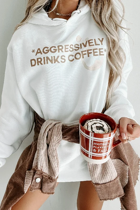 ""Aggressively Drinks Coffee"" Graphic Hoodie (White) - Print On Demand