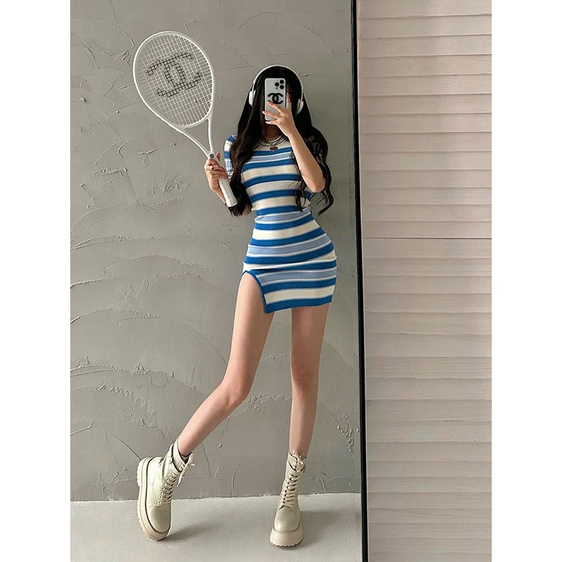 Elena Striped Short Sleeve Side Slit Slim Bodycon Mini Dress