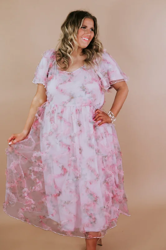 Floral Tulle Maxi Dress, Pink