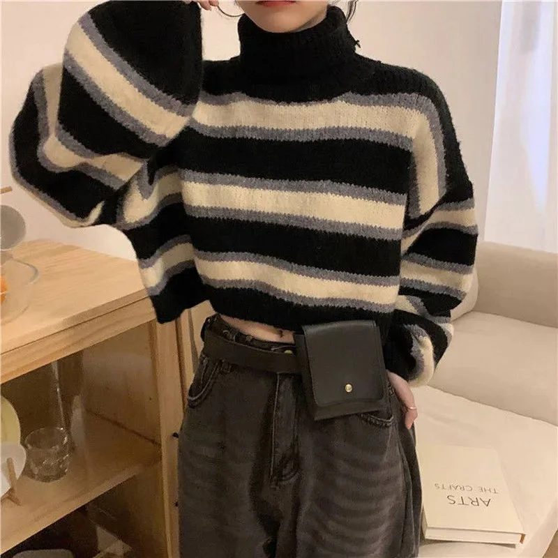 Lunivop Sweater Women Sexy Cropped Turtleneck Striped Pullovers Streetwear Korean Loose Long Sleeve Knitted Sweater Chic Lady Tops