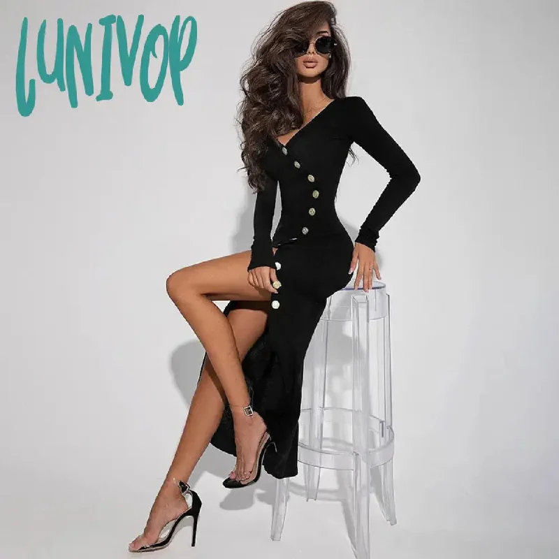 Lunivop Knitted Maxi Dress For Women Sexy Slit Slim Long Sleeve Buttons Dresses Knitwear Party Elegant Retro Dress Lady 2024 New