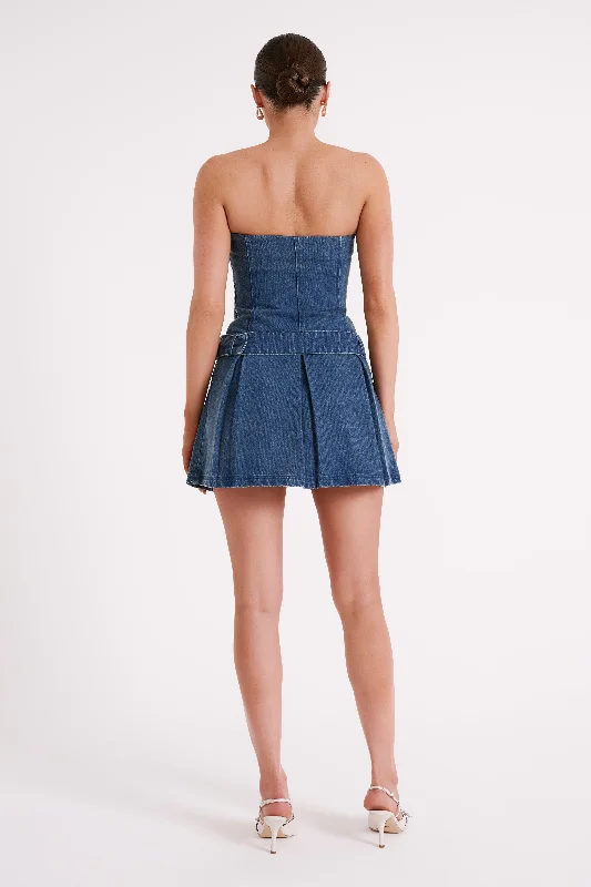 Lee Denim Pleated Mini Dress - Dark Blue